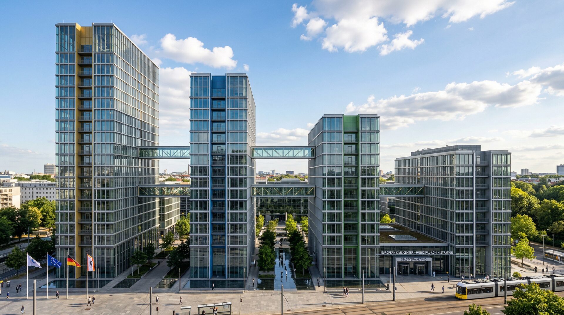 Modern overheidsgebouw met vier verbonden torens