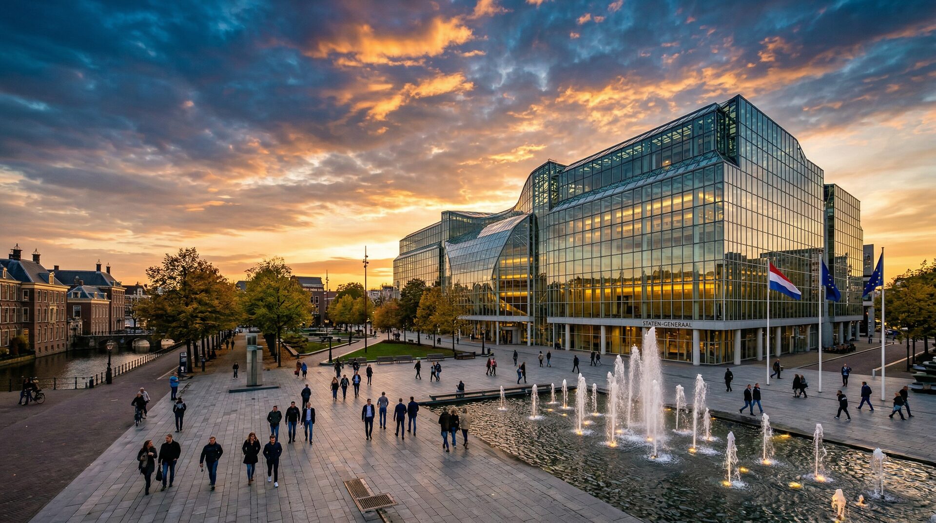 Modern glasparlement bij zonsondergang