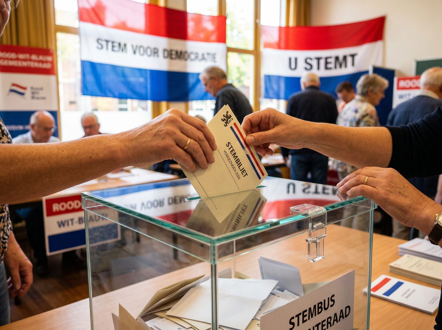 Handen plaatsen stembrief in glazen stembus